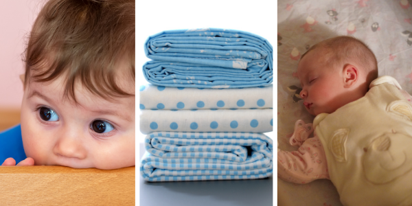 Baby teething on cot rail, baby bedding and baby in sleeping bag